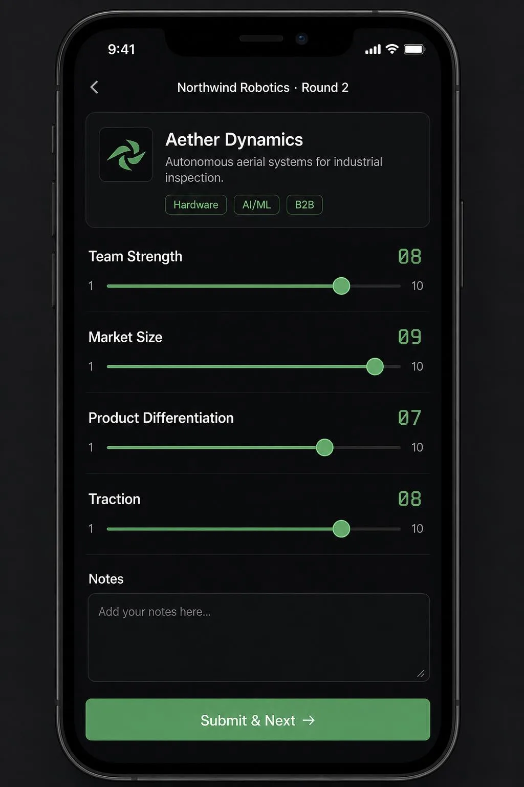 Zabt mobile scoring interface on iPhone showing slider-based criteria and notes